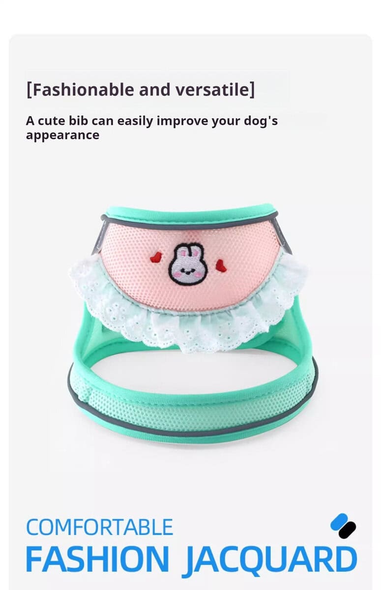 Teal and pink pet harness set with lace trim and bunny design, shown for style, comfort, and versatility.
