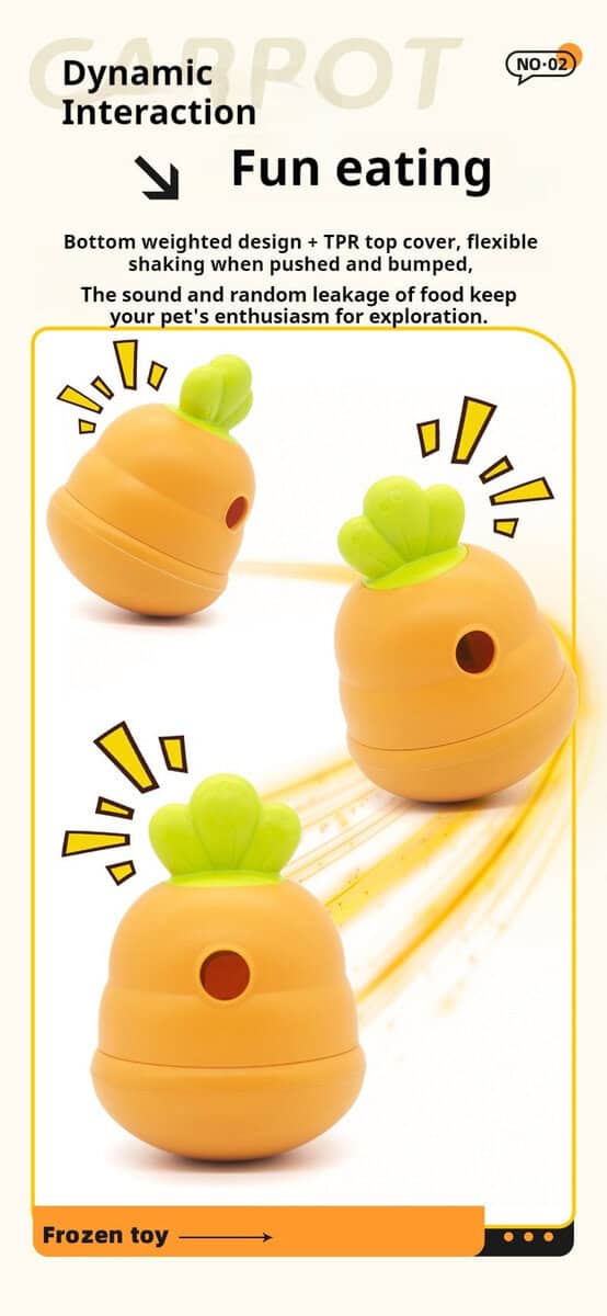 Carrot-shaped dog chew toy with green top, treat hole; it wobbles, makes sounds, and dispenses treats for pets.