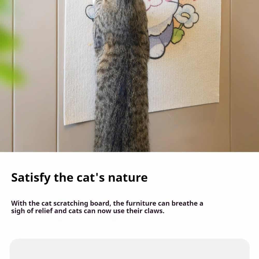 A cat scratches a wall-mounted pad designed to protect furniture; brief text below explains its benefits.