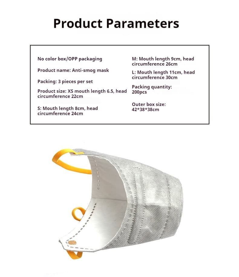 A breathable, reusable dog gas mask with adjustable straps; product sizes and parameters are listed above the mask.