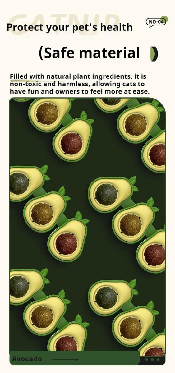 Halved avocados on dark green background showcase Avocado Catnip Toy, made from safe, non-toxic materials for pets.