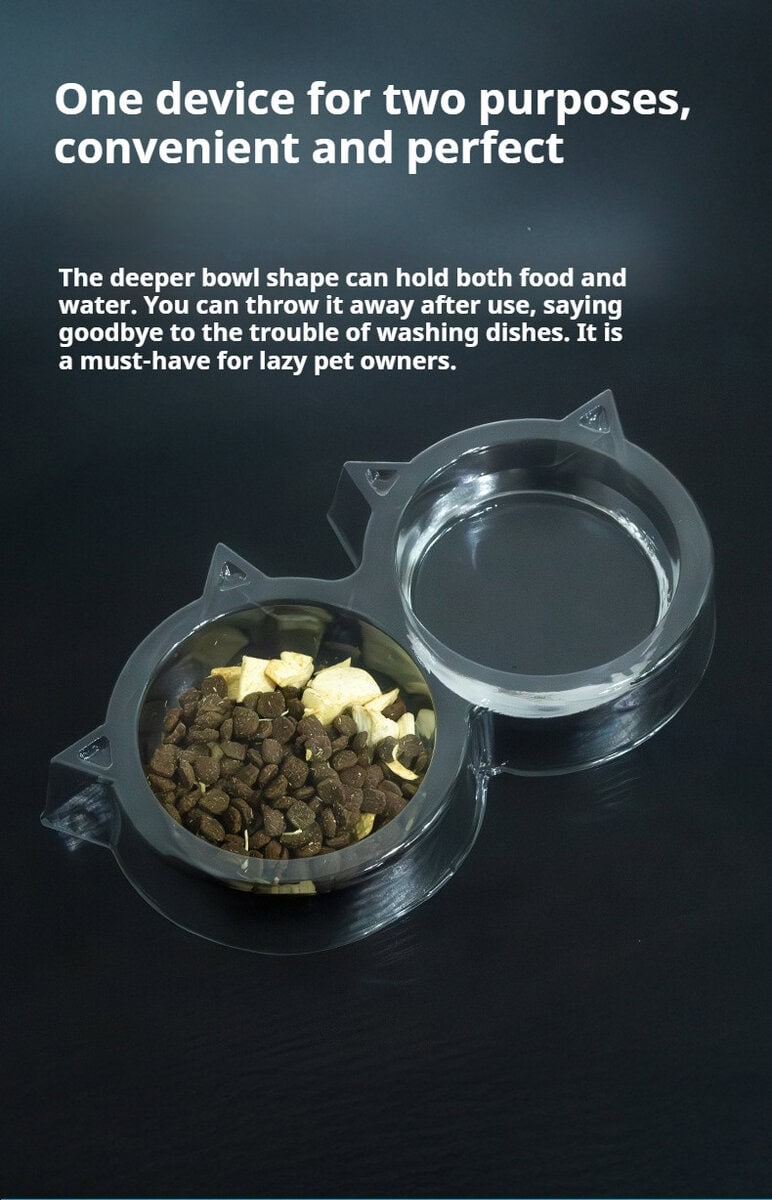 Transparent, paw-shaped double cat bowl on dark background; one side has dry food, other is empty; text above.