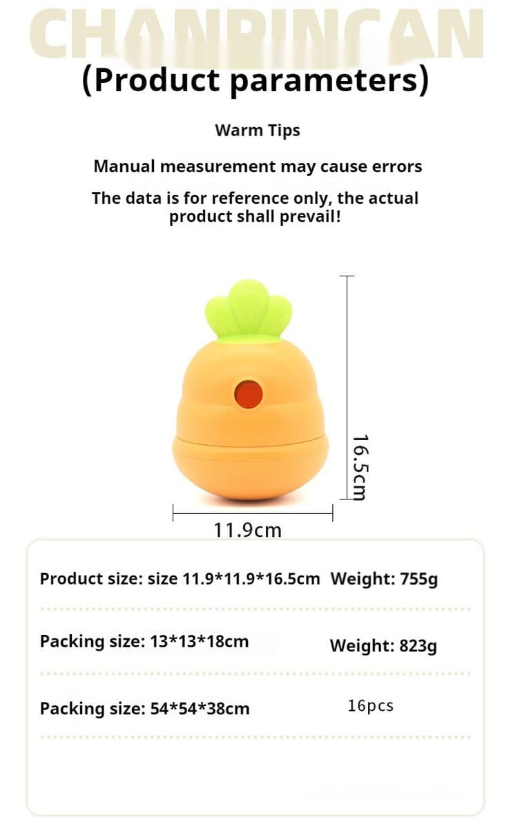 Carrot-shaped interactive dog toy, treat dispenser with green top, 16.5 cm tall and 11.9 cm wide.