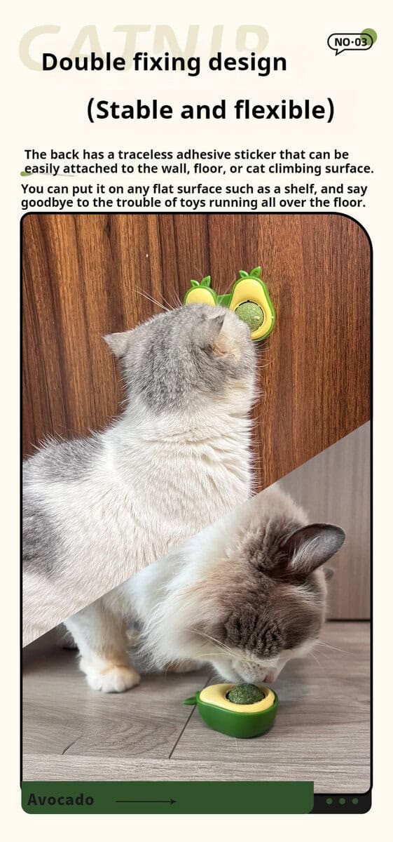 Two cats play with green Avocado Catnip Wall Balls at different heights on wood, enjoying easy-to-install catnip toys.