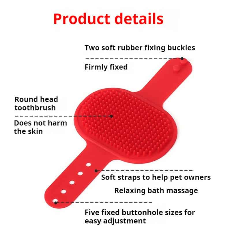 Red silicone pet bath brush with adjustable straps, round bristles, and labels for a secure, gentle massage during baths.