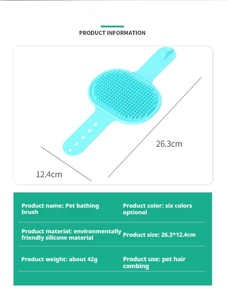 Blue silicone pet bath brush with adjustable strap, 26.3 x 12.4 cm, for combing and cleaning pet hair.