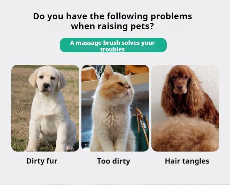 Three images show a dirty puppy, a cat labeled "Too dirty," and a tangled dog, all needing the Pet Bath Brush.