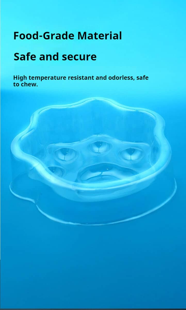 Transparent paw-shaped double cat bowl on blue, labeled food-grade, safe, heat-resistant, and odorless.