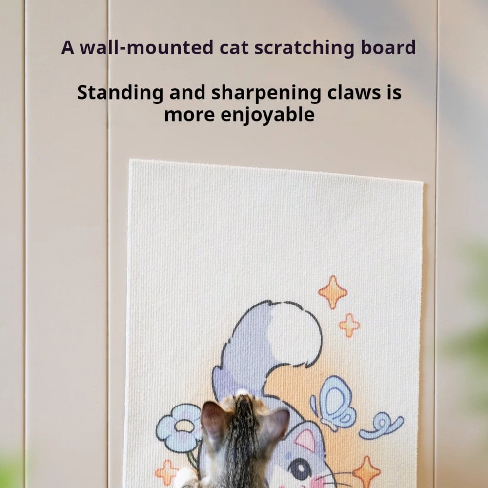 Cat using cartoon cat scratching pad toy; text above touts benefits of standing and sharpening claws.