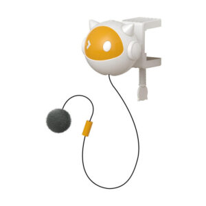White and yellow cat toy with clamp mount, dangling string, and grey pom-pom at the end.