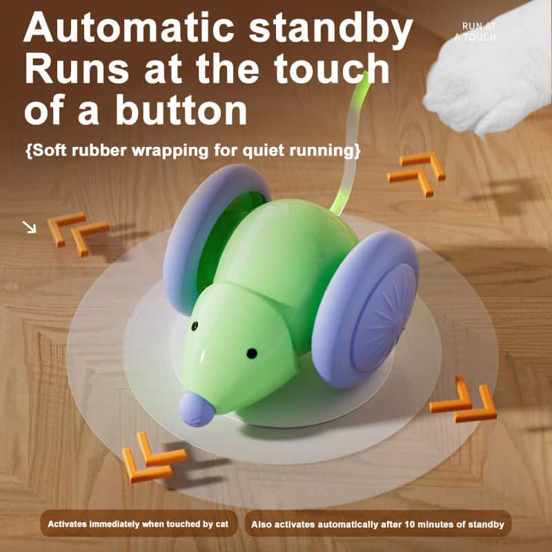 Green and purple wheeled mouse toy on a circle surface; auto standby, touch-activated, quiet—ideal for cats.