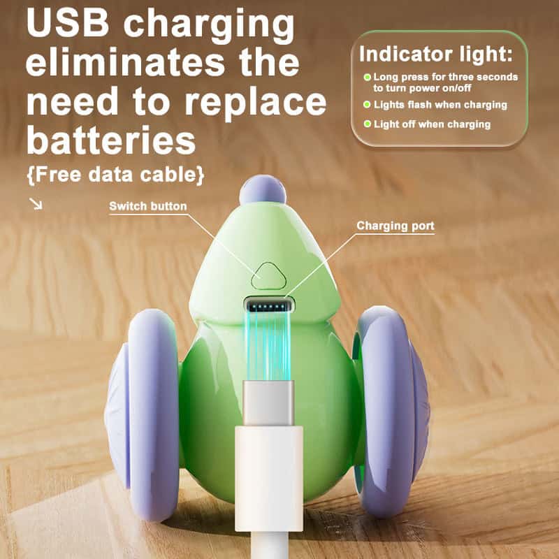 USB cable plugged into green and purple Cat Toy Car, with labeled switch button and indicator light functions.