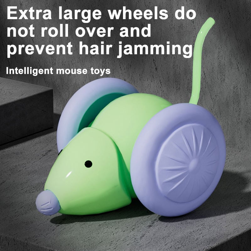 Green and purple Cat Toy Car with large wheels to prevent hair jamming, displayed on a gray surface.