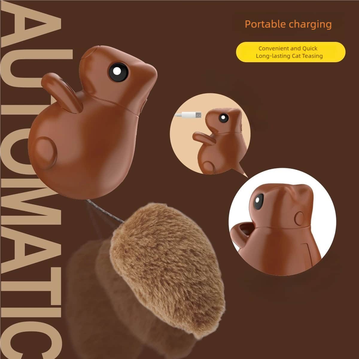 Brown automatic cat toy shaped like a small animal, with furry tail, charging port, and "Portable charging" label.