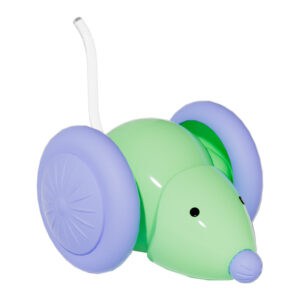 Plastic mouse car toy with light green body, blue wheels, black eyes, and a white tail.