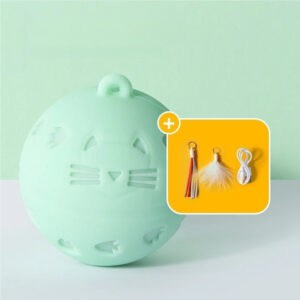 Light green cat-shaped LED ball toy with top loop, plus two tassels and a white USB cable on a yellow background.