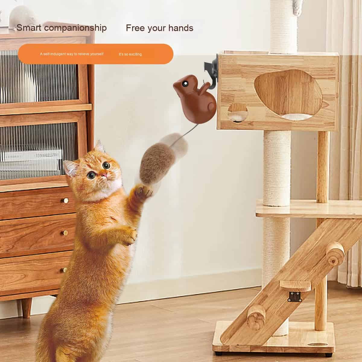 Orange cat on hind legs plays with rope squirrel toy on a cat tree; text above reads "hands-free smart companionship.