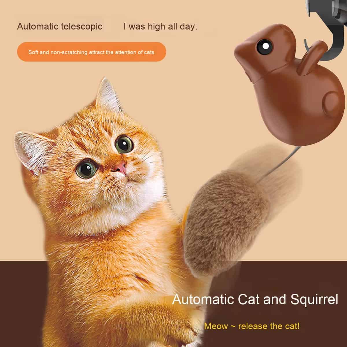 Brown cat looks at a spring-mounted squirrel cat toy, with promo text showing its automatic teasing feature.