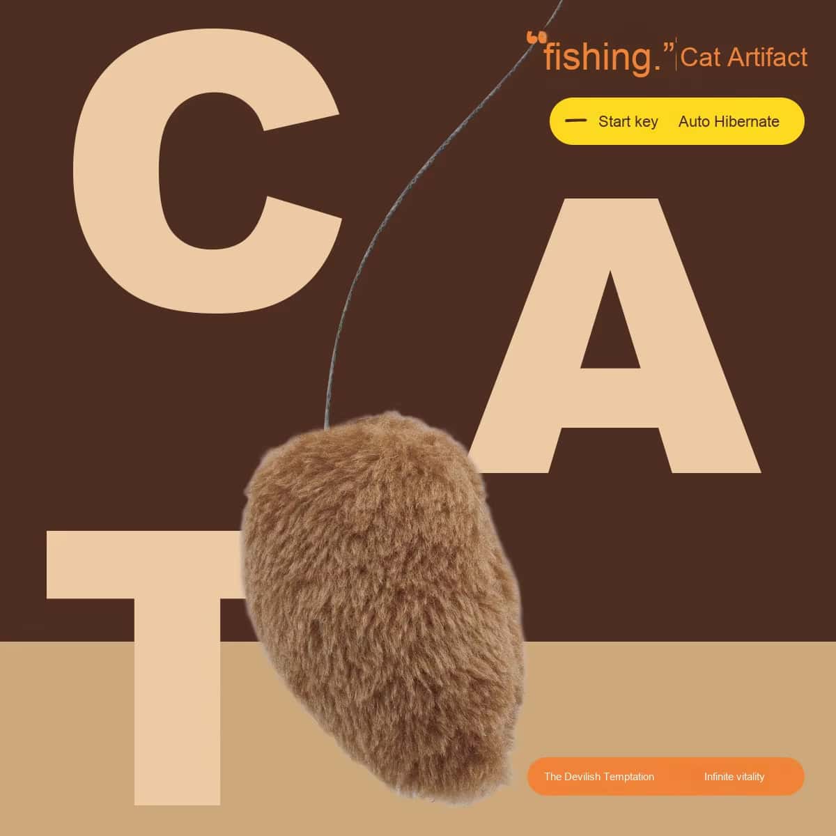 Smart squirrel cat toy hangs by a rope before beige "CAT" letters. Text: "fishing." Automatic teasing rope toy.