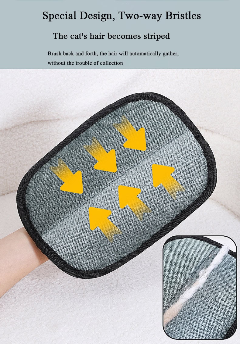 Hand holds Pet Hair Remover Glove with yellow arrows indicating brushing direction; inset shows hair on brush pad.