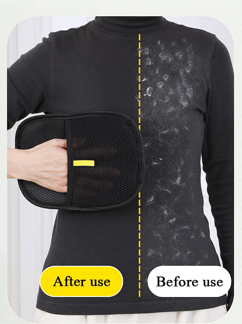 Person in black top holds Pet Hair Remover Glove; one clean side says "After use," the other linty side says "Before use.