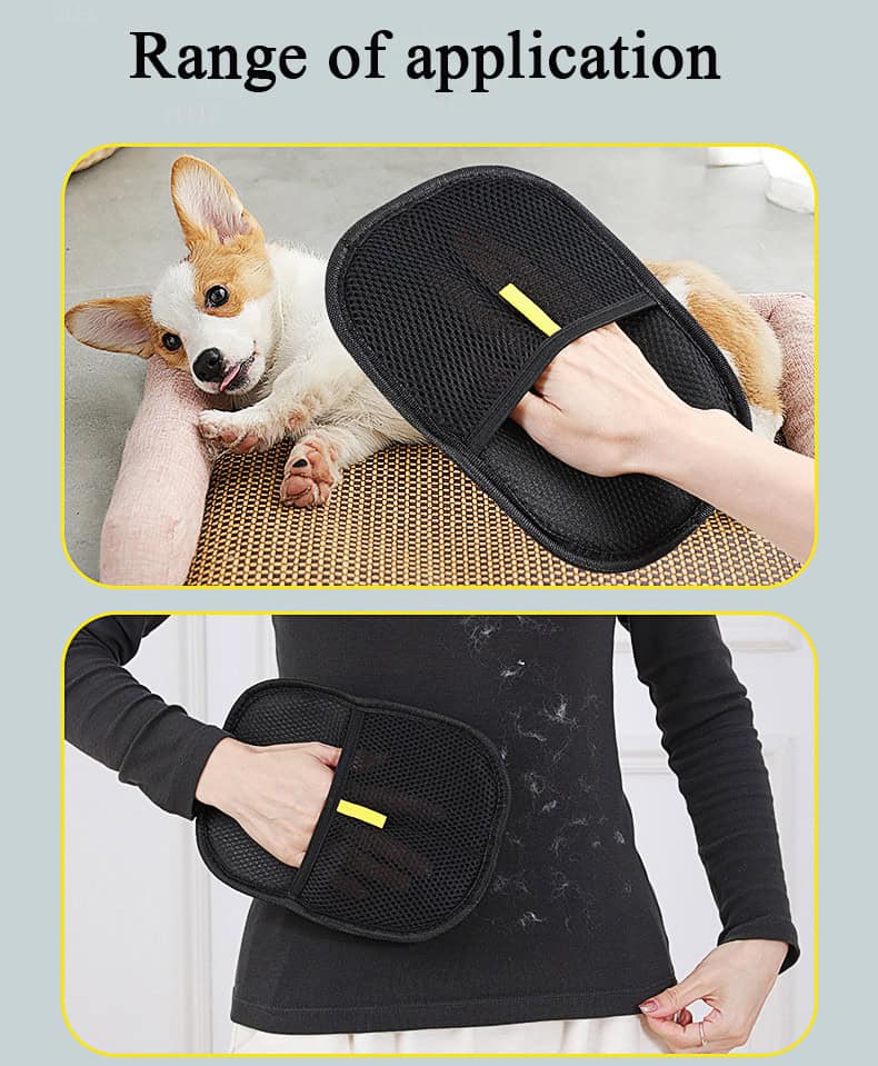 Hand uses pet hair remover glove on a dog (top) and removes pet hair from a shirt (bottom).