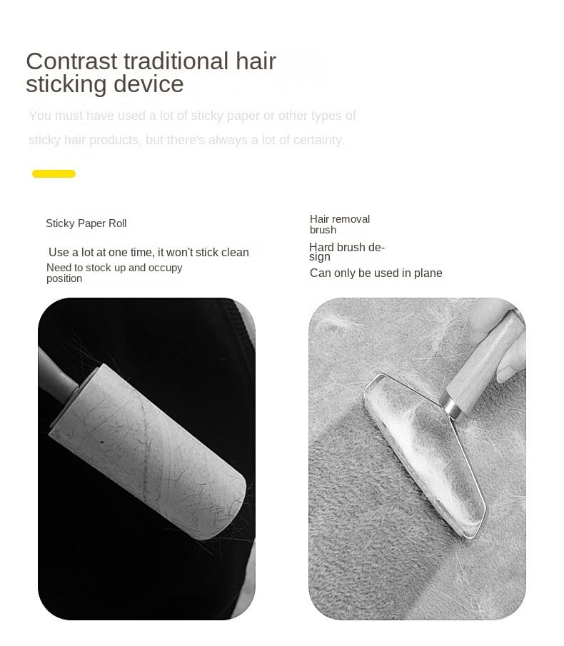 Sticky paper roll and pet hair remover glove compared on fabric, with brief notes on each product's drawbacks.