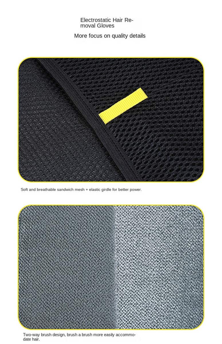 Pet Hair Remover Glove with black mesh, yellow band, and close-up of its two-way brush for effective hair removal.
