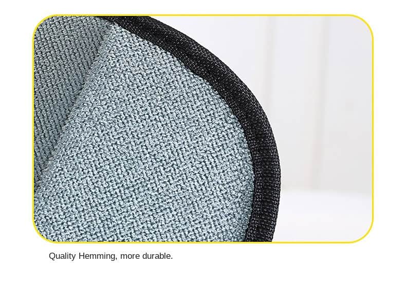 Pet Hair Remover Glove close-up showing textured fabric and black hemmed edge. Caption: “Quality Hemming for durability.”.