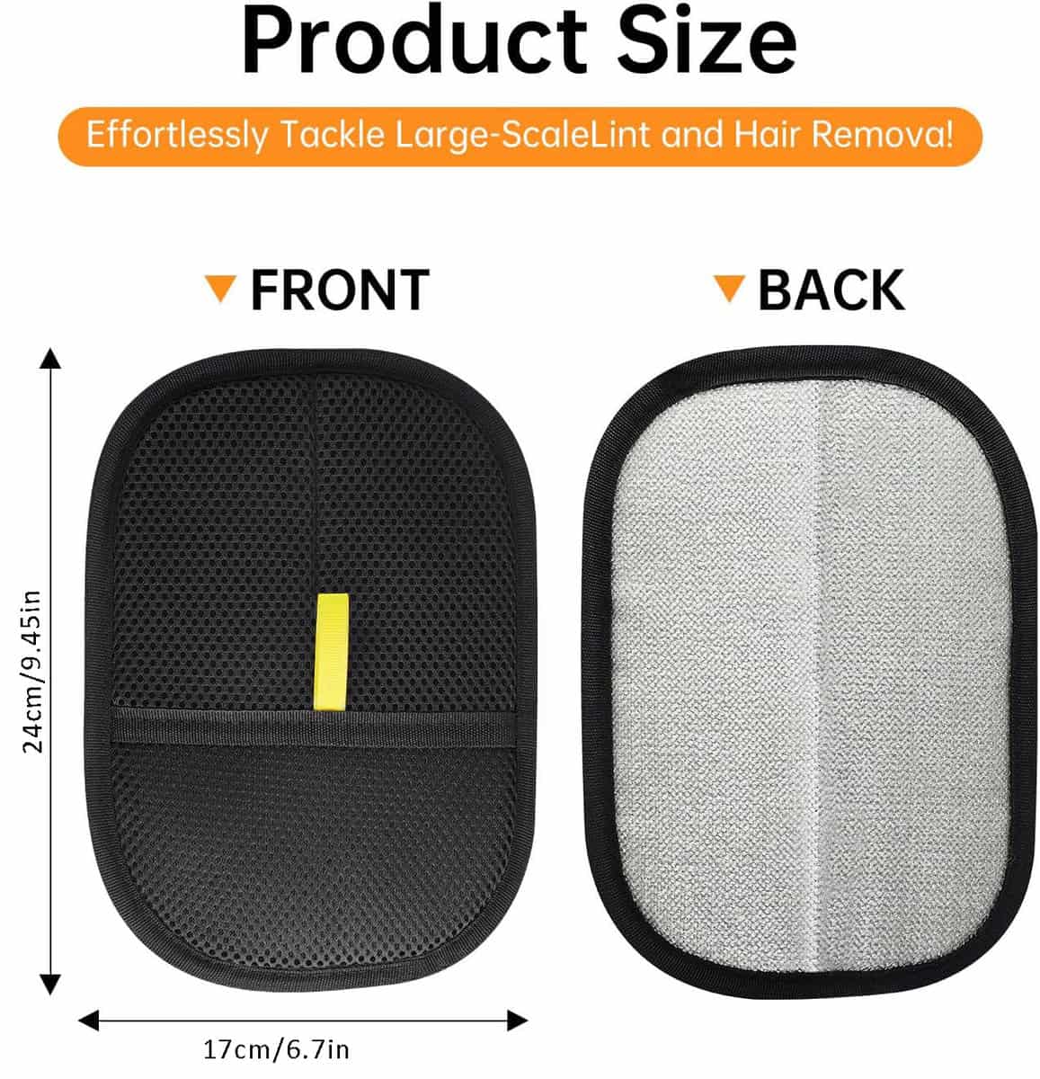Pet Hair Remover Glove with rectangular pad, shown front and back; size 24cm x 17cm (9.45in x 6.7in).