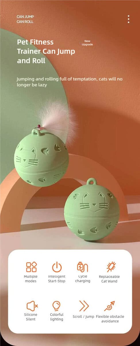 Two smart LED cat ball toys with green faces and feathers on a minimalist backdrop highlight play, fitness, and obstacle avoidance.