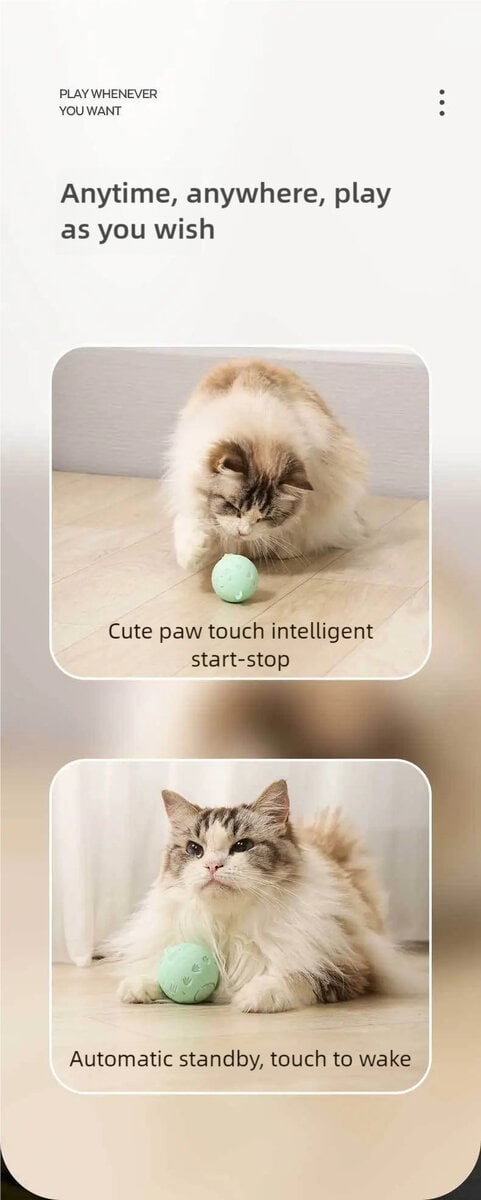 Fluffy cat with smart LED jumping ball toy: tap to start/stop (top), auto standby and touch-activated (bottom).