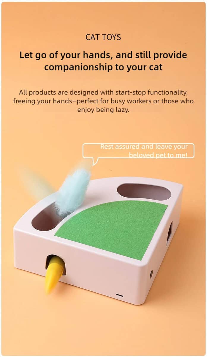 Rectangular green felt cat toy with two feathers on a peach background, featuring text about hands-free use.