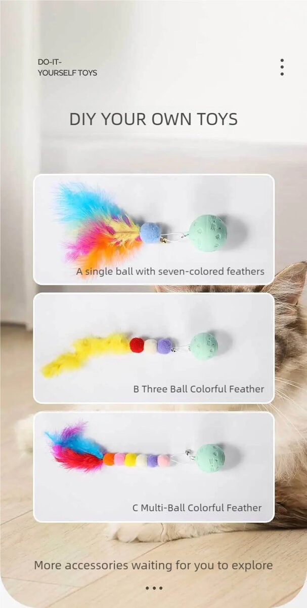 Electric Cat Ball Toy with colorful designs on white background; a curious cat peeks from the corner.