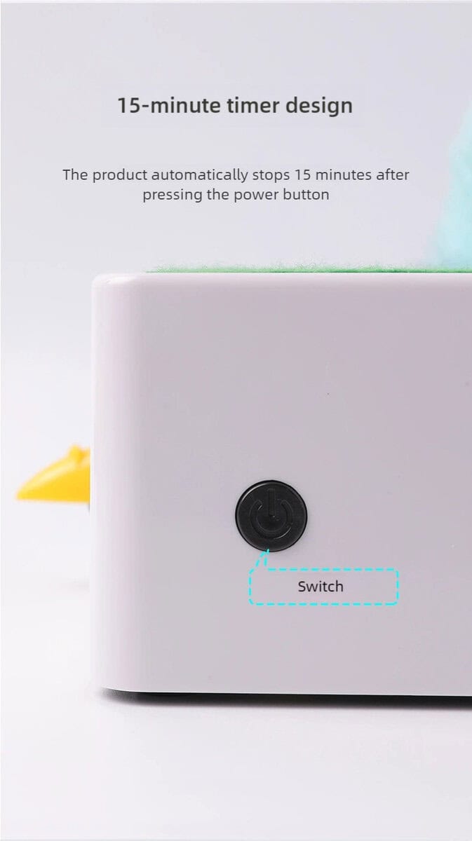 Close-up of white device with "Switch" button; text says it shuts off 15 minutes after pressing the power button.