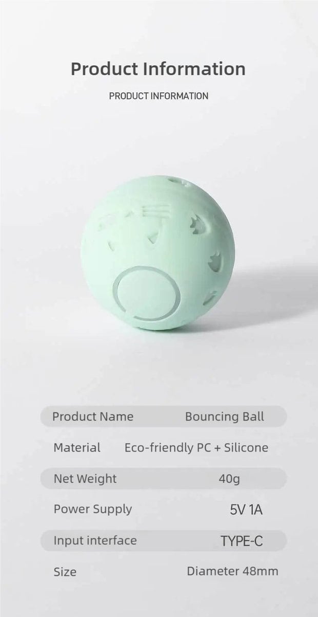 Light green silicone LED cat ball toy, circular, 40g, 48mm, USB-C input, powered by 5V 1A.