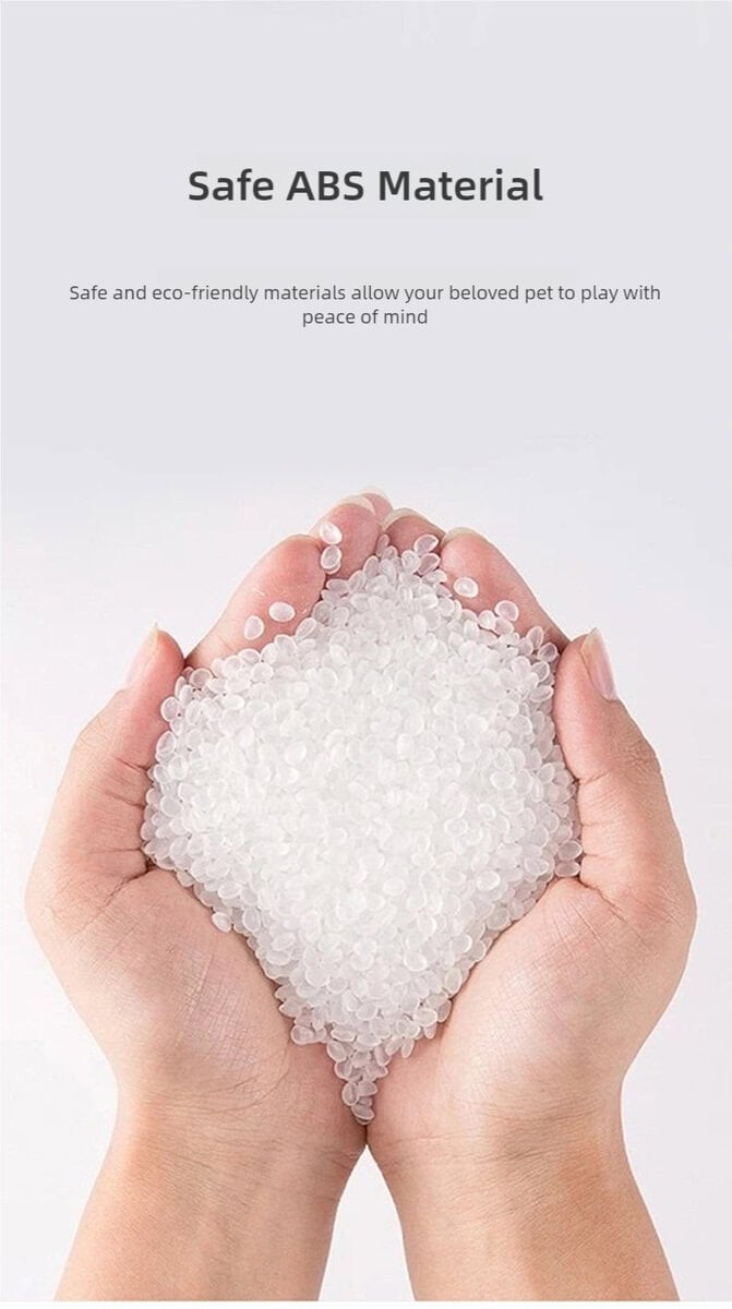 Two hands hold translucent ABS plastic pellets; text above reads “Safe ABS Material” and notes it’s safe and eco-friendly.