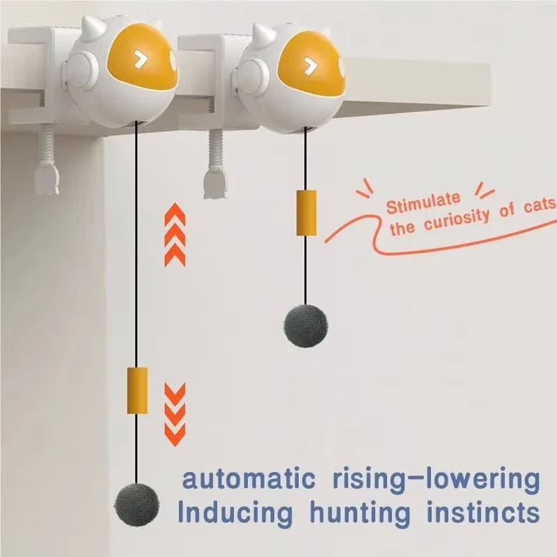 Electric cat toy with two fuzzy balls on cords moves up and down from a shelf, keeping cats entertained for hours.