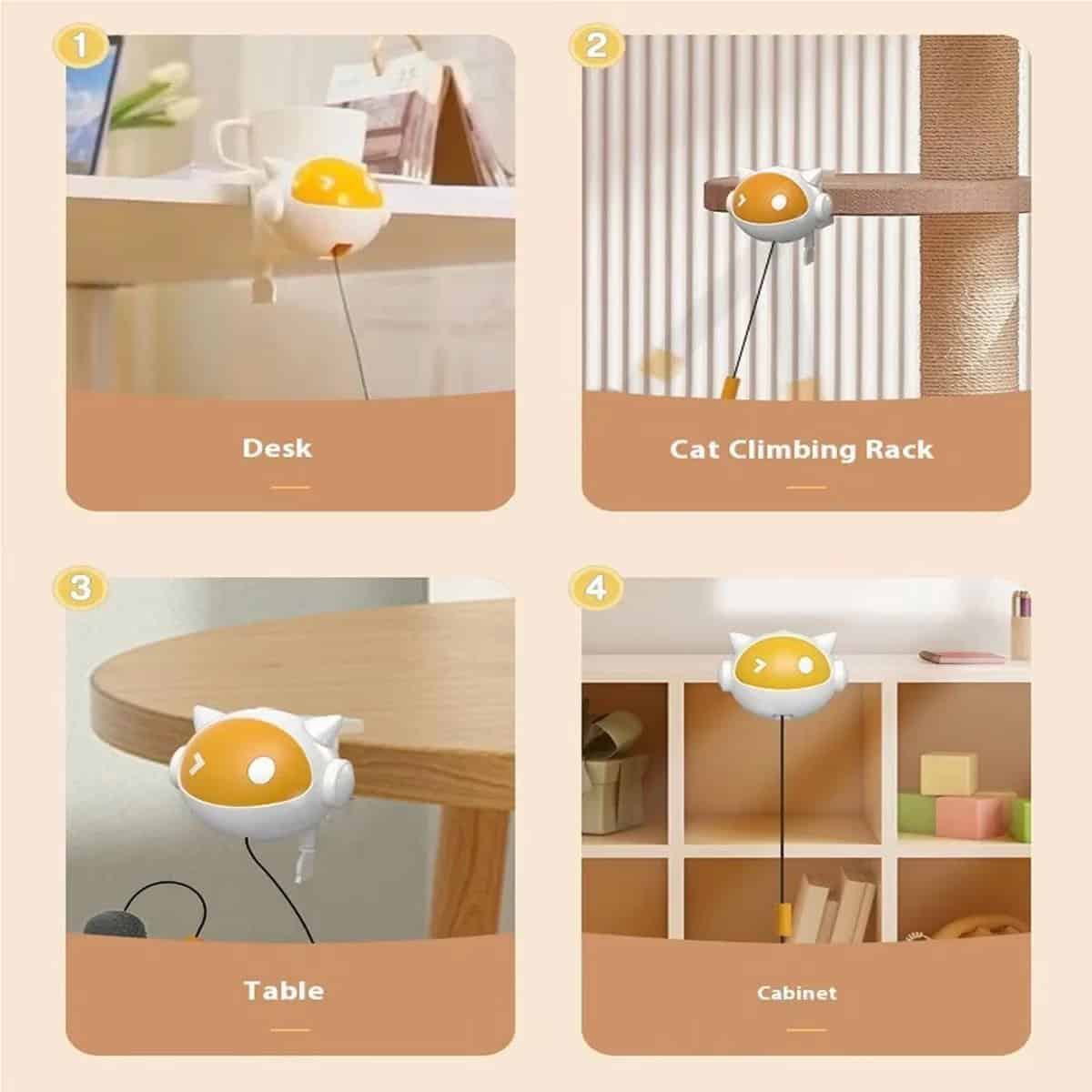 Four images show a yellow and white automatic cat teaser toy attached to various furniture for versatile installation.