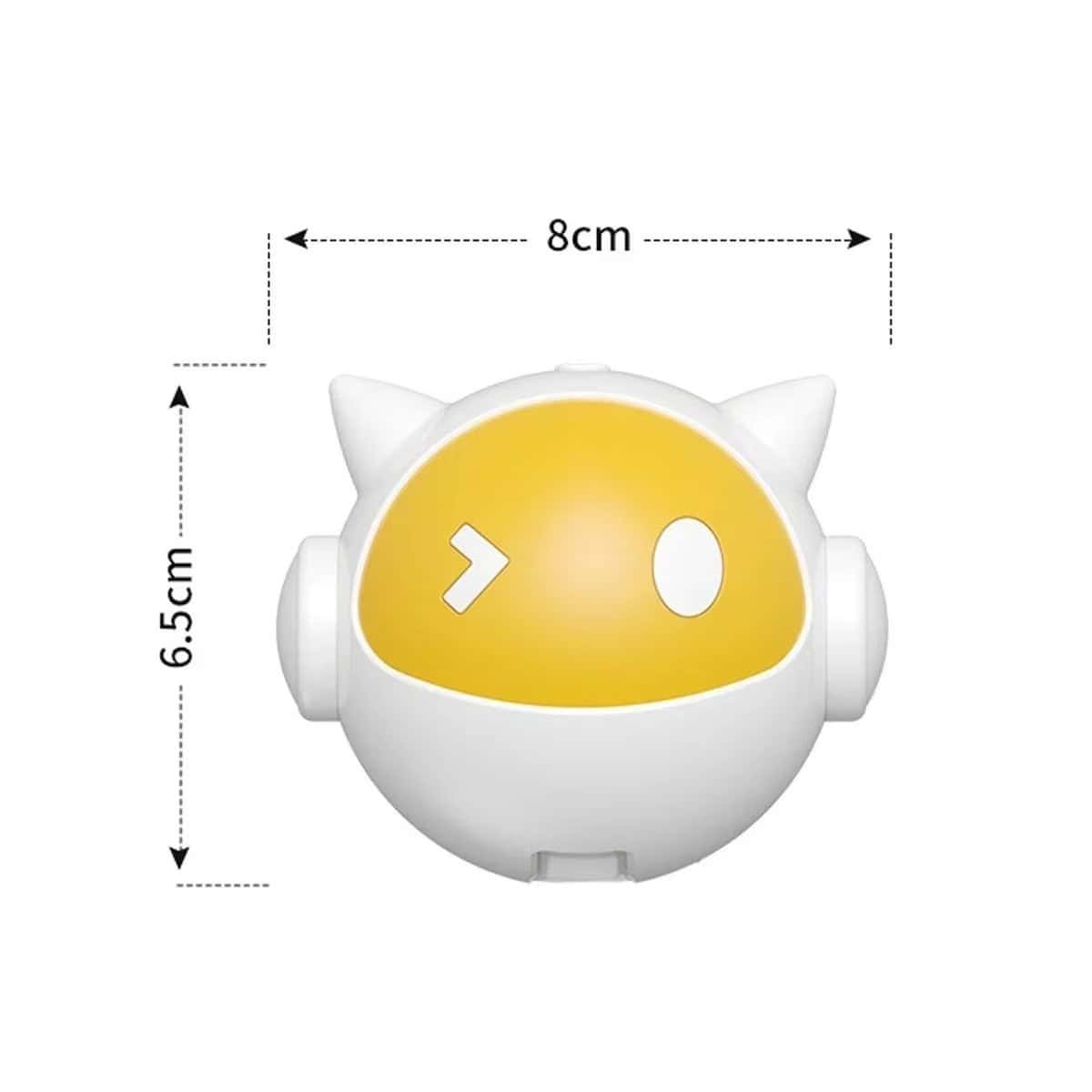 Round white and yellow automatic cat teaser ball, 8 cm wide by 6.5 cm tall, with arrows showing its size.