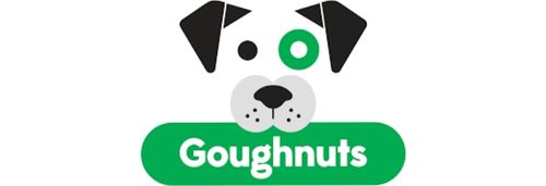 Goughnuts logo with a stylized dog face, black and green shapes, and white text on a green oval background.