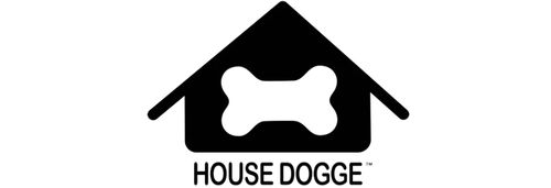 Black doghouse icon with bone cutout and "HOUSE DOGGE" text underneath.