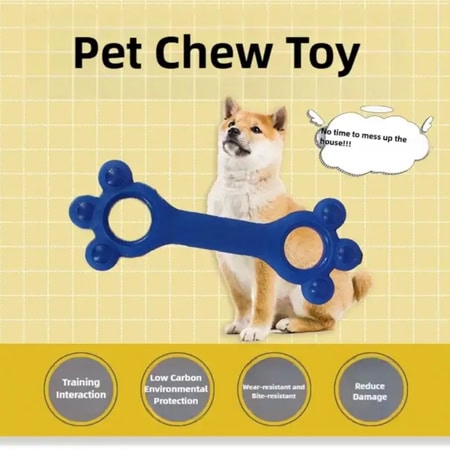 Blue pet chew toy with dog, durable and safe for dogs, ideal for training and playtime.