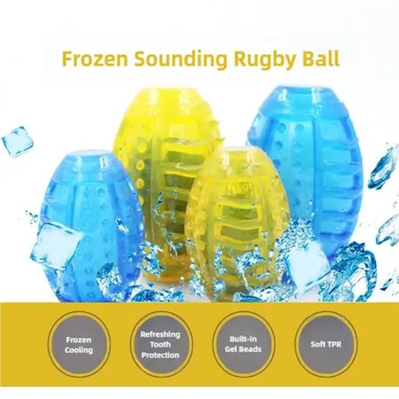 Bright blue and yellow frozen sounding rugby balls with a water splash background, designed for cooling, tooth protection, and featuring built-in gel beads and soft TPR material.