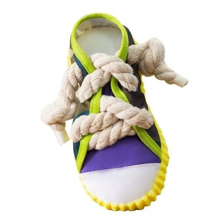 Colorful toddler sneaker with rope laces, vibrant purple, green, and yellow accents, and a flexible sole, perfect for playful kids' footwear and outdoor activities.