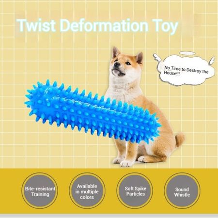 Juguete para perros deformable con giro azul y textura puntiaguda, adecuado para masticadores agresivos, disponible en varios colores para mayor durabilidad y diversión de las mascotas, presenta partículas de púas suaves y un silbato de sonido para un juego atractivo.