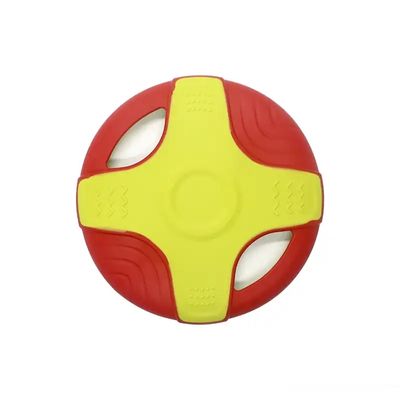 Bright yellow and red rubber dog toy designed for fetch, play, and dental health. Durable, non-toxic, and safe for pets to chew, ideal for outdoor and indoor use.