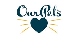 Un logotipo que presenta un corazón con el texto "Nuestras mascotas", que representa el amor y el cuidado por las mascotas.