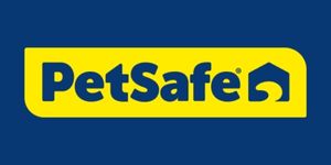 Logotipo de PetSafe con un diseño llamativo en amarillo y azul para soluciones de seguridad y contención para mascotas.