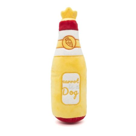 Peluche amarillo suave para perro, similar a una botella de kétchup, con la etiqueta "Kétchup Dog", perfecto para la comodidad y el juego de tu mascota. Hecho de tela duradera y lavable, ideal para perros que adoran los mimos y los juguetes interactivos.